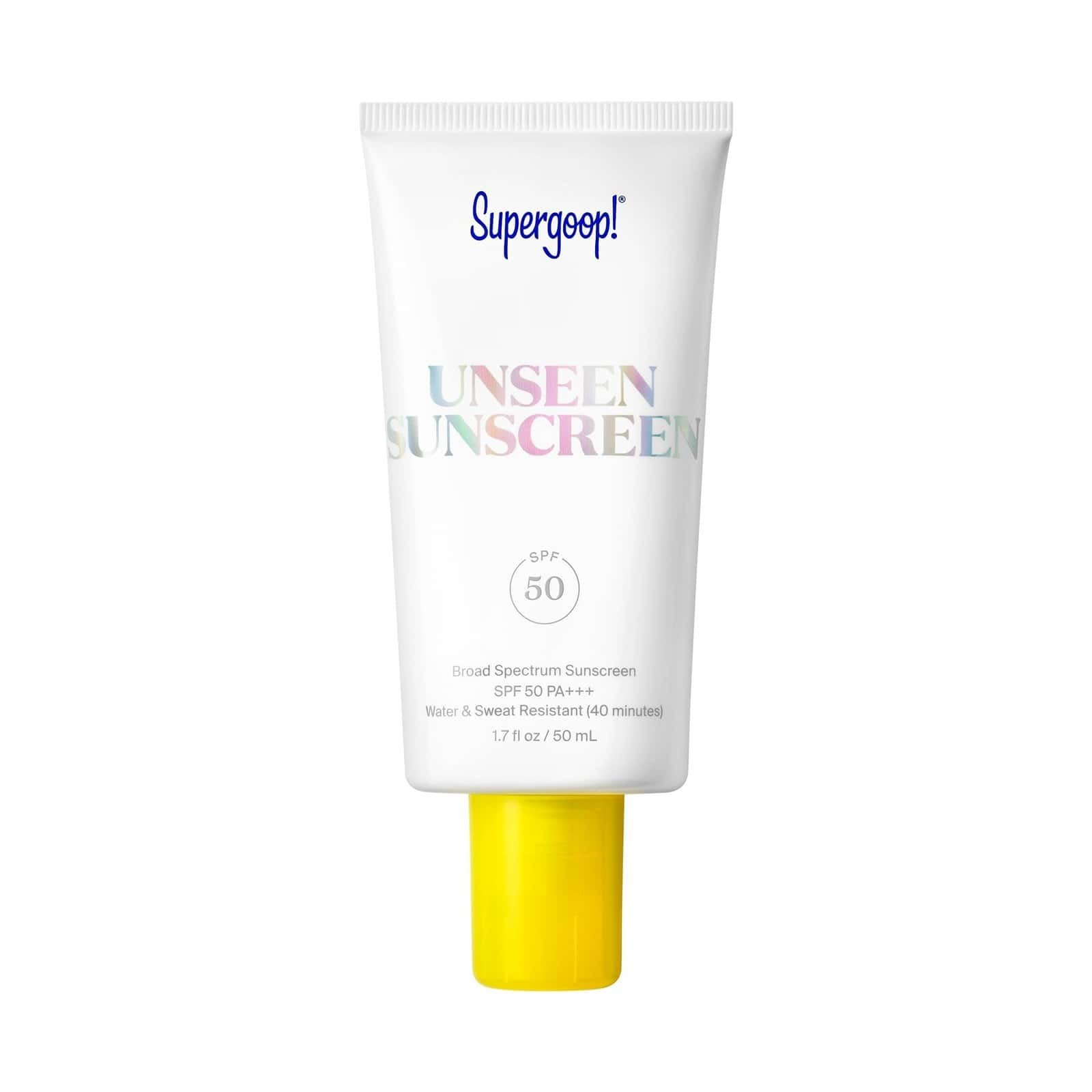 Tube of Unseen Sunscreen SPF 50 on white background