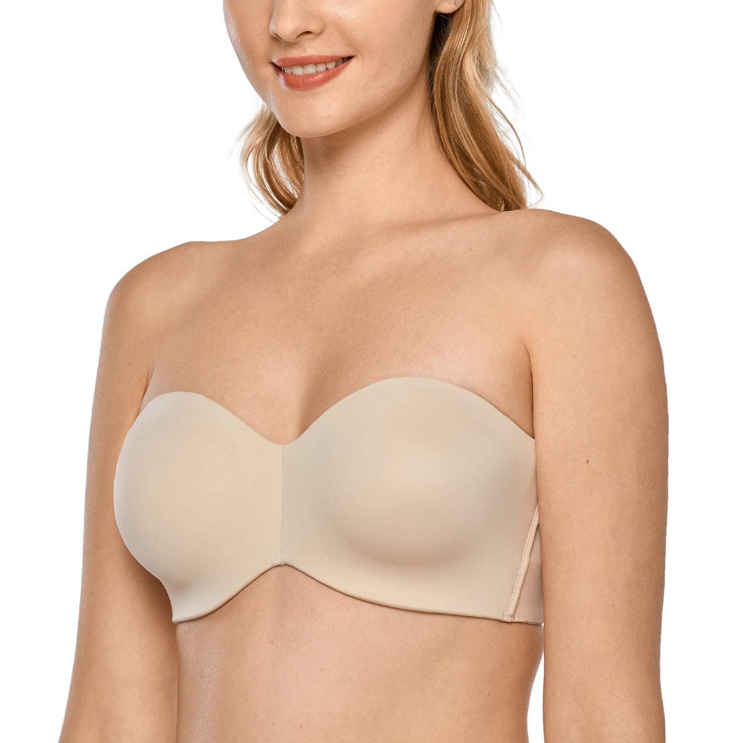 Model wearing strapless underwire bra under evening dress