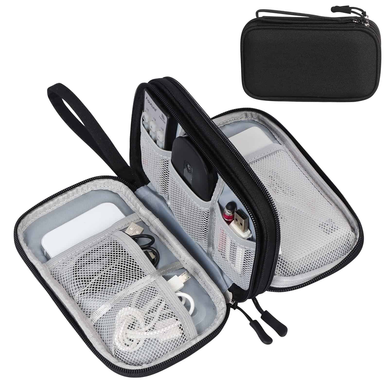 Compact gadget organizer inside carry-on suitcase